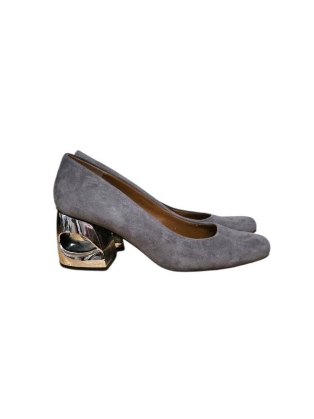 H by Halston Krista Pumps SZ 8.5 Gray Suede Silver Metallic Block Donut Heels